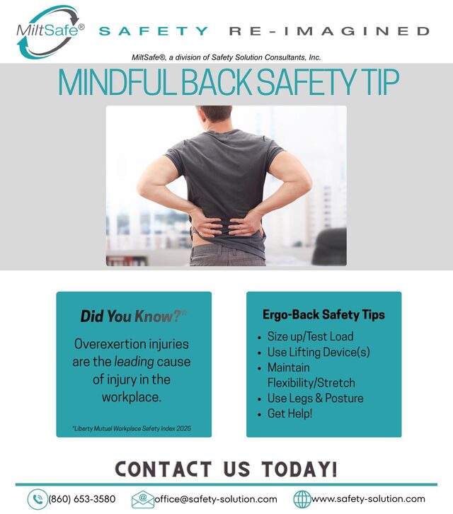 Cover of the MiltSafe Mindful Back Safety Tip, showing a worker holding his lower back beside a list of ergonomic lifting reminders.